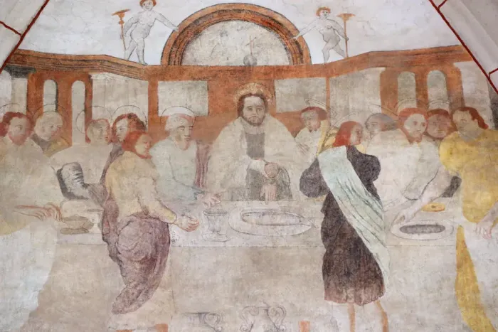 Framed Print : A 16th century wall painting of Christ in his Passion, the Last Supper shared by Jesus Framed Print : A 16th century wall painting of Christ in his Passion, the Last Supper shared by Jesus