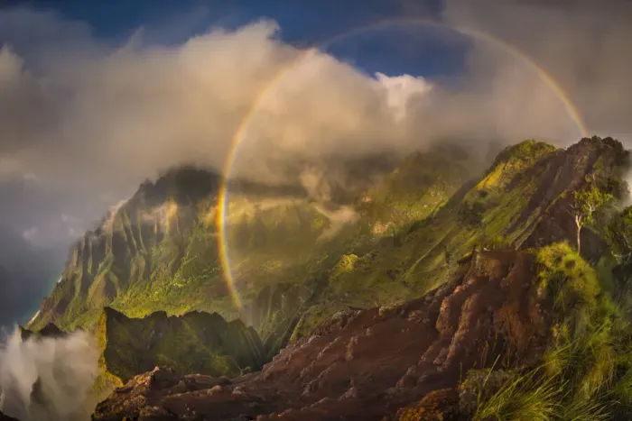 Framed Print : A 180 degree rainbow formed by the clouds over the Kalalau Valley on Kauai Framed Print : A 180 degree rainbow formed by the clouds over the Kalalau Valley on Kauai