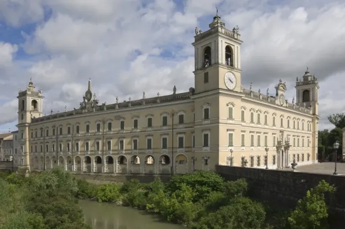 Framed Print : The 18th century Ducal Palace (Palazzo Ducale) (Reggia di Colorno), the serpentine design in the long wall is clearly seen, Colorno, Emilia-Romagna Framed Print : The 18th century Ducal Palace (Palazzo Ducale) (Reggia di Colorno), the serpentine design in the long wall is clearly seen, Colorno, Emilia-Romagna