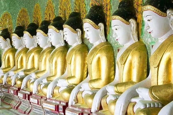Some of the 45 Buddha images found at a crescent-shaped colonnade at Umin Thounzeh on Sagaing Hill, near Mandalay, Myanmar (Burma), Asia