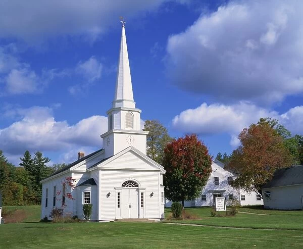 485-2625. White wooden church in the Shaker village of Canterbury