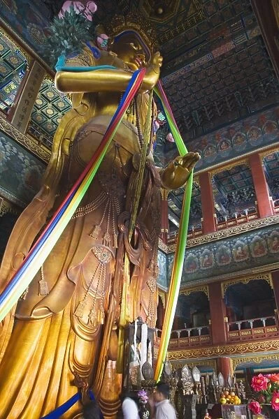 The 55 foot high sandalwood statue of Maitreya Buddha recorded in the Guiness Book of Records at Yonghe Gong Tibetan Buddhist Lama Temple, Beijing