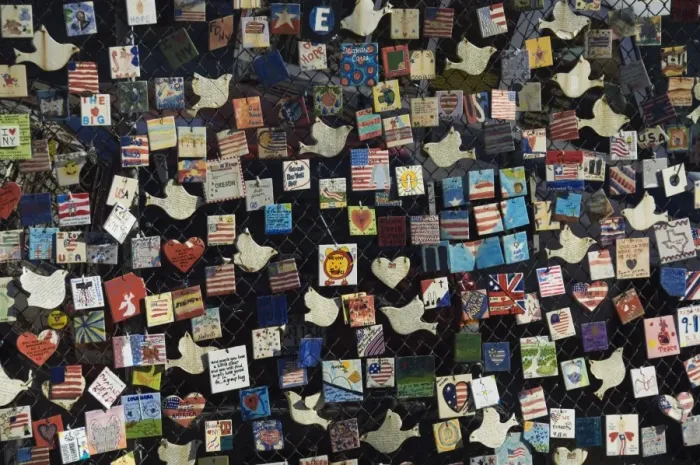 Framed Print : 9 / 11 Messages on tiles on fence in Greenwich Village Framed Print : 9 / 11 Messages on tiles on fence in Greenwich Village