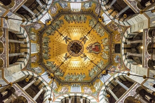 Aachen Cathedral cupola and Barbarossas Chandelier, UNESCO World Heritage Site, Aachen, North Rhine Westphalia, Germany, Europe