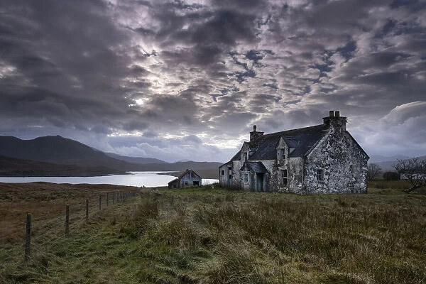 Abandoned Croft House overlooking Loch Siophort and the Harris Hills, Arivruaich