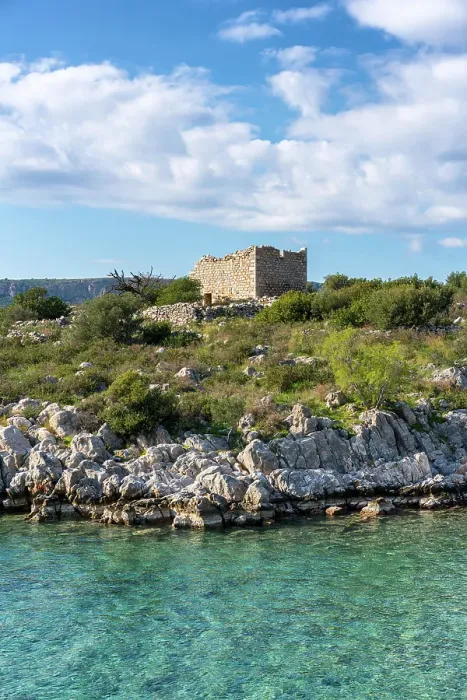 Framed Print : Abandoned house ruin on the coast, with turquoise sea water, Mani Peninsula, Peloponnese, Greece Framed Print : Abandoned house ruin on the coast, with turquoise sea water, Mani Peninsula, Peloponnese, Greece