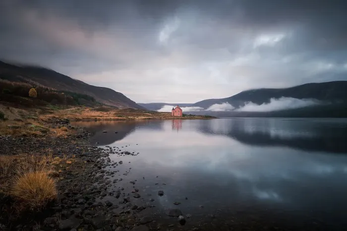 Framed Print : Abandoned pink house on Loch Glass, Highlands, Scotland, United Kingdom Framed Print : Abandoned pink house on Loch Glass, Highlands, Scotland, United Kingdom