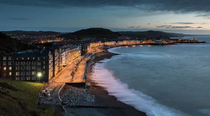 Framed Print : Aberystwyth Promenade, at dusk, taken with slow shutter speed, on the west coast of Wales, Aberystwyth, Ceredigion, Wales, United Kingdom, Europe Framed Print : Aberystwyth Promenade, at dusk, taken with slow shutter speed, on the west coast of Wales, Aberystwyth, Ceredigion, Wales, United Kingdom, Europe