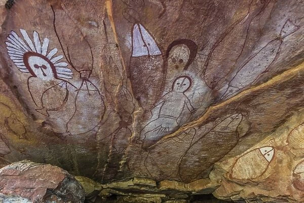 Aboriginal Wandjina cave artwork in sandstone caves at Raft Point, Kimberley, Western Australia, Australia, Pacific