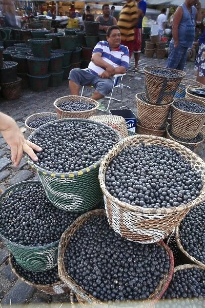 Acai berries for sale in the morning market, Belem, Para, Brazil, South America