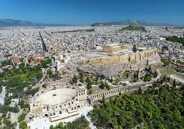 The Acropolis and Odeon of Herodes Atticus, aerial view, Athens, Greece, Europe