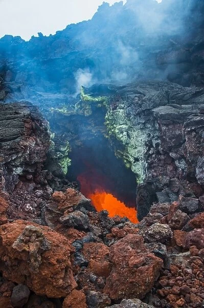 Active magma in a stream below the Tolbachik volcano, Kamchatka, Russia, Eurasia