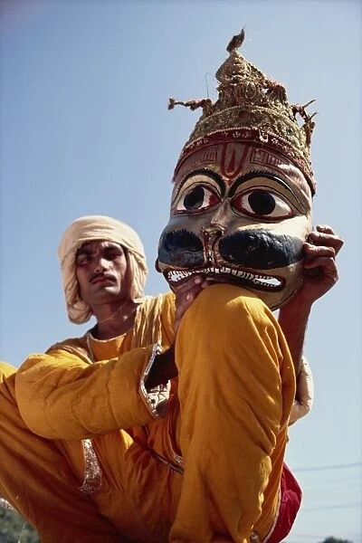 Actor with mask worn in the Ramlilla, the stage play of the Hindu epic the Ramayana