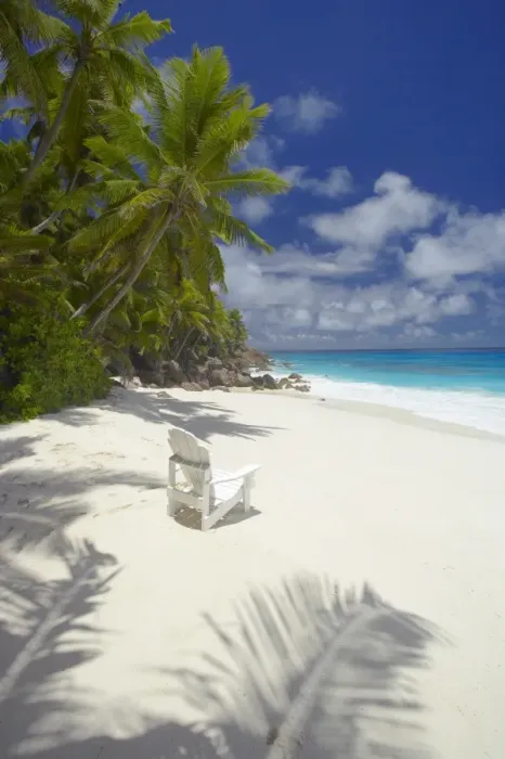 Framed Print : Adirondack chair and tropical beach, Seychelles, Indian Ocean, Africa