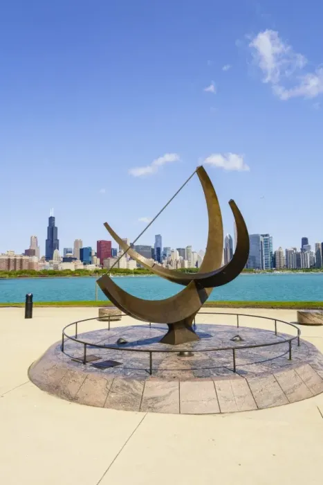 Framed Print : The Adler Planetarium sundial with Lake Michigan and city skyline beyond, Chicago Framed Print : The Adler Planetarium sundial with Lake Michigan and city skyline beyond, Chicago
