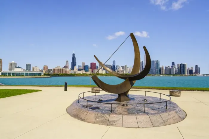 Framed Print : The Adler Planetarium sundial with Lake Michigan and city skyline beyond, Chicago Framed Print : The Adler Planetarium sundial with Lake Michigan and city skyline beyond, Chicago