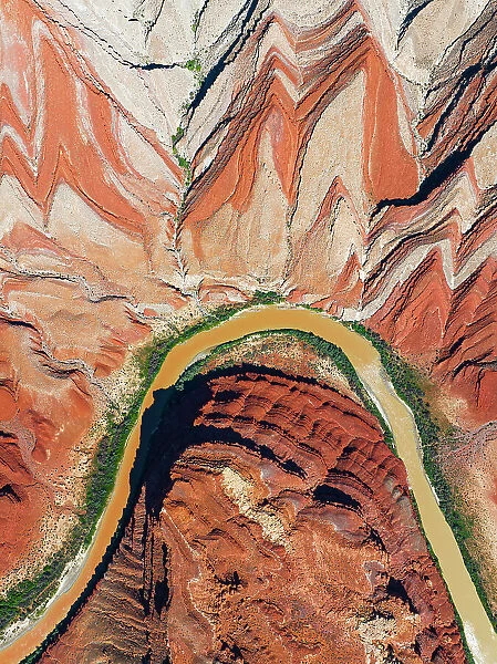 Aerial abstract view taken by drone of particular rock formation during a sunny summer day, Mexican Hat, Utah, United States of America, North America
