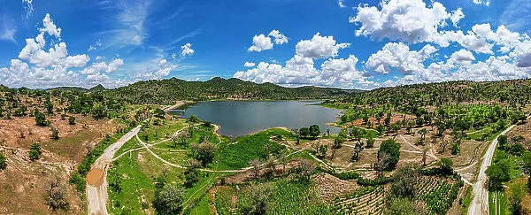 Aerial of the artificial lake near Zahoura, Northern Cameroon, Africa