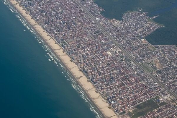 Aerial of the beach of Mongagua near Sao Paulo, Brazil, South America