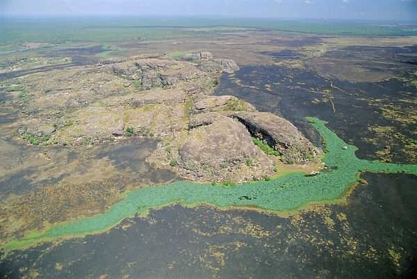 Aerial of a billabong, the backwater of a river on the floodplain of the East Alligator River near the border of Arnhemland and Kakadu National Park, Northern
