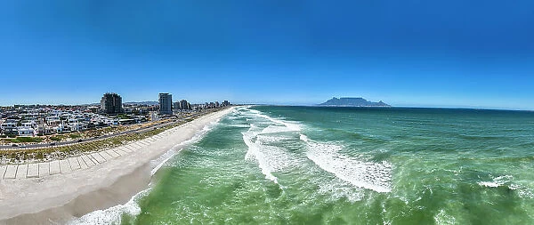 Aerial of Bloubergstrand Beach with Table Mountain in the background, Table Bay, Cape Town, South Africa, Africa