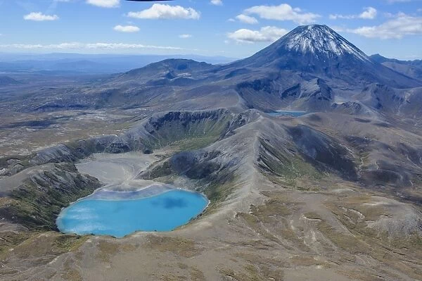 Aerial of the blue lake before Mount Ngauruhoe, Tongariro National Park, UNESCO World Heritage Site, North Island, New Zealand, Pacific