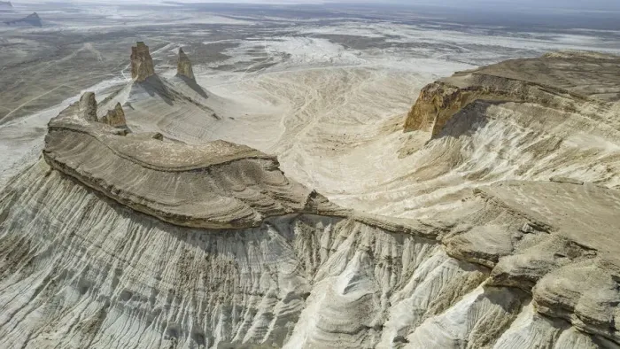 Framed Print : Aerial of Bozzhira Canyon, Ustyurt plateau, Mangystau, Kazakhstan, Central Asia, Asia
