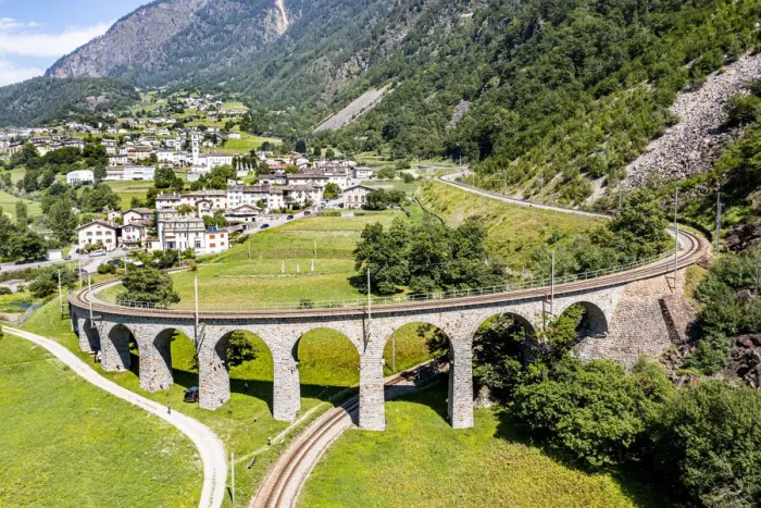 Framed Print : Aerial of the Brusio spiral viaduct, UNESCO World Heritage Site, Rhaetian Railway Framed Print : Aerial of the Brusio spiral viaduct, UNESCO World Heritage Site, Rhaetian Railway