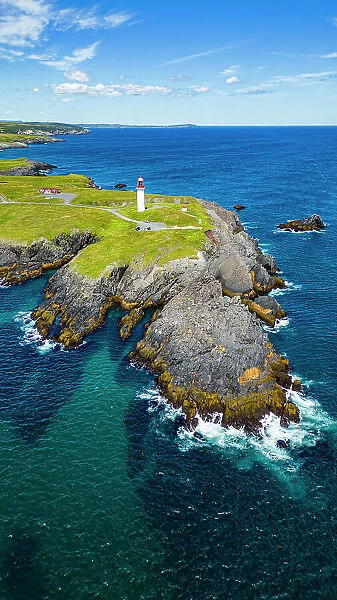 Aerial of Cape Race Lighthouse, Mistaken Point, UNESCO World Heritage Site, Avalon Peninsula, Newfoundland, Canada, North America