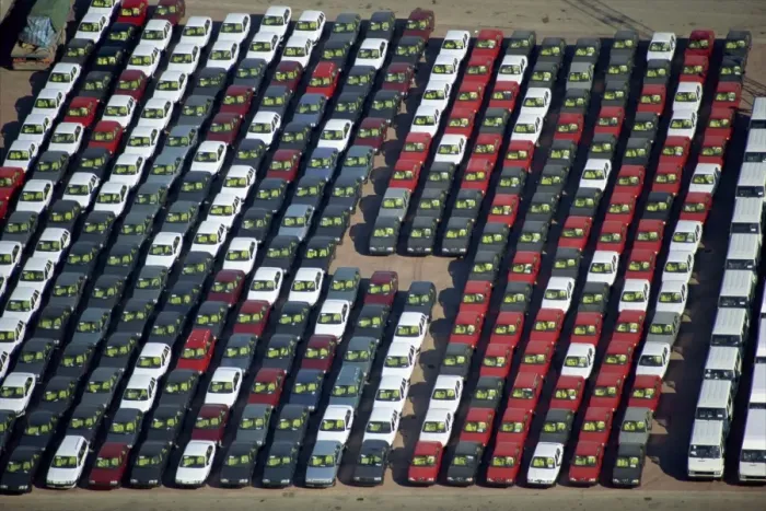 Framed Print : Aerial of cars lined up on the docks at the port of