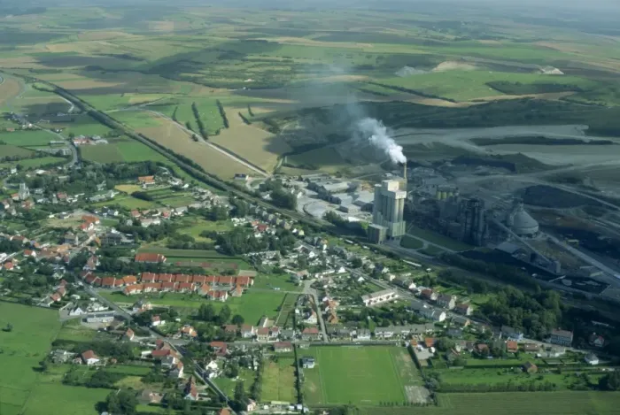 Framed Print : Aerial of a cement works and railway line at Dannes Framed Print : Aerial of a cement works and railway line at Dannes