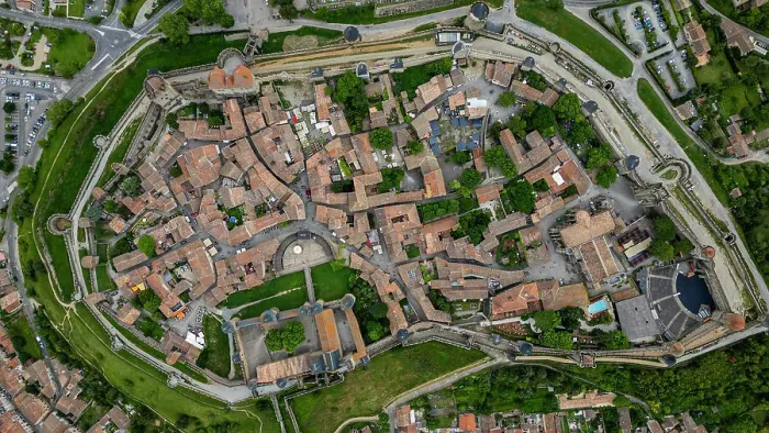 Framed Print : Aerial of the Cite de Carcassonne citadel, UNESCO World Heritage Site, Carcassonne, Aude, Occitania, France, Europe