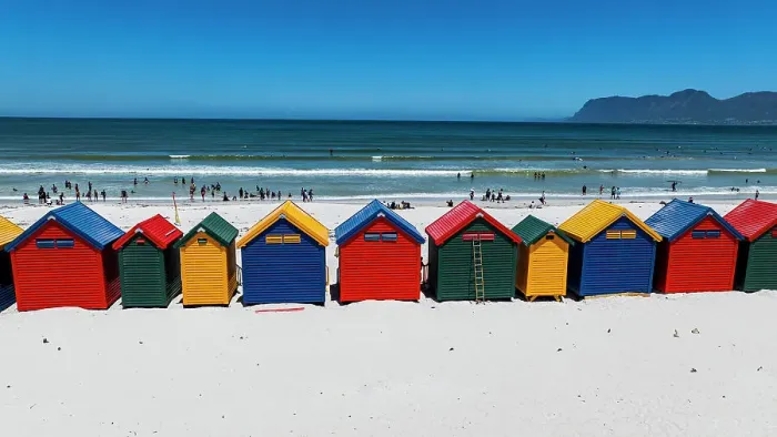 Framed Print : Aerial of the colourful beach huts on the beach of Muizenberg, Cape Town, South Africa, Africa Framed Print : Aerial of the colourful beach huts on the beach of Muizenberg, Cape Town, South Africa, Africa