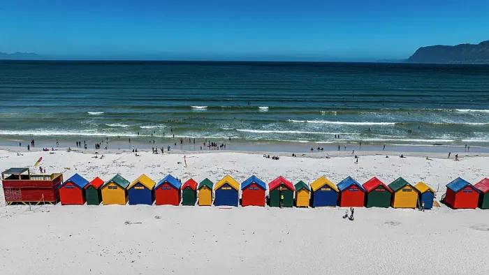 Framed Print : Aerial of the colourful beach huts on the beach of Muizenberg, Cape Town, South Africa, Africa Framed Print : Aerial of the colourful beach huts on the beach of Muizenberg, Cape Town, South Africa, Africa