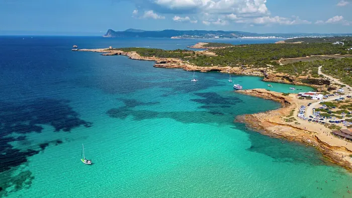Framed Print : Aerial of Comte beach with its turquoise waters, Ibiza, Balearic Islands, Spain, Mediterranean, Europe Framed Print : Aerial of Comte beach with its turquoise waters, Ibiza, Balearic Islands, Spain, Mediterranean, Europe