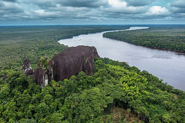 Aerial of the Curimacare Rock on the Casiquiare River in the deep south of Venezuela, South America