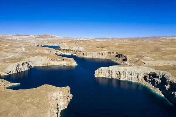 Aerial of the deep blue lakes of the Band-E-Amir National Park, Afghanistan, Asia