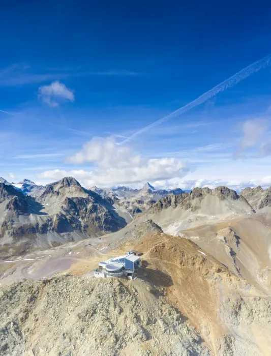 Framed Print : Aerial by drone of clear sky over Piz Nair and cable car station on top, Engadine