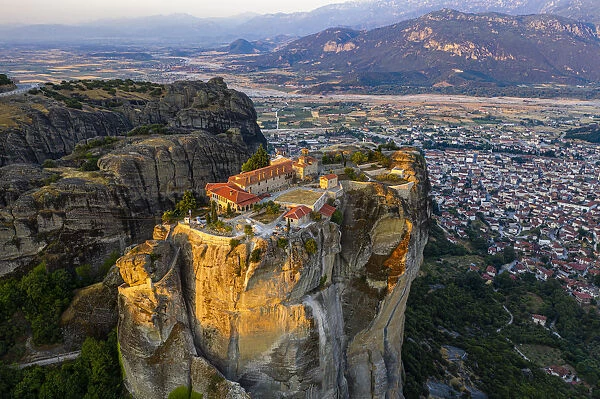 Aerial by drone of the Holy Monastery of Holy Trinity at sunrise