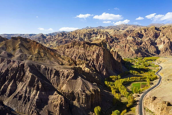 Aerial by drone of the mountains around Bamyan, Afghanistan, Asia