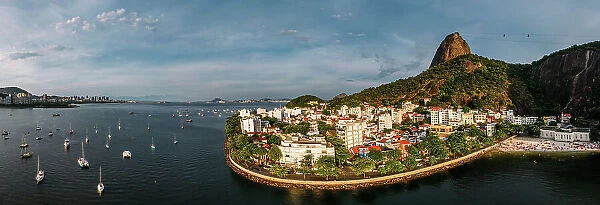 Aerial drone panorama of Urca neighbourhood and surrounding Botafogo and Guanabara Bay, UNESCO World Heritage Site, between the Mountain and the Sea, inscribed on the World Heritage List in 2012, Rio de Janeiro, Brazil, South America