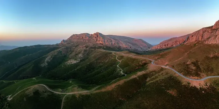 Framed Print : Aerial drone panoramic view of a camper van on a mountain road at sunset, Sardinia, Italy, Mediterranean, Europe Framed Print : Aerial drone panoramic view of a camper van on a mountain road at sunset, Sardinia, Italy, Mediterranean, Europe