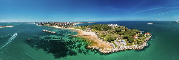 Aerial drone panoramic view of Magdalena Peninsula, a 69-acre peninsula near the entrance to the Bay of Santander in the city of Santander, Cantabria, north coast, Spain, Europe