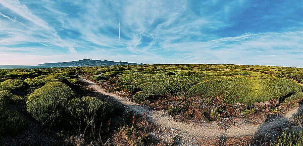 Aerial drone panoramic view of Sintra National Park, with Cabo da Roca in the far left background, next to Guincho Beach, Cascais, Portugal, Europe