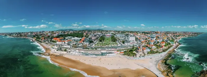 Framed Print : Aerial drone panoramic view of Tamariz beach with iconic Casino Estoril in the centre and Estoril neighbourhood on the Portuguese Riviera 28km west of Lisbon, Portugal, Europe