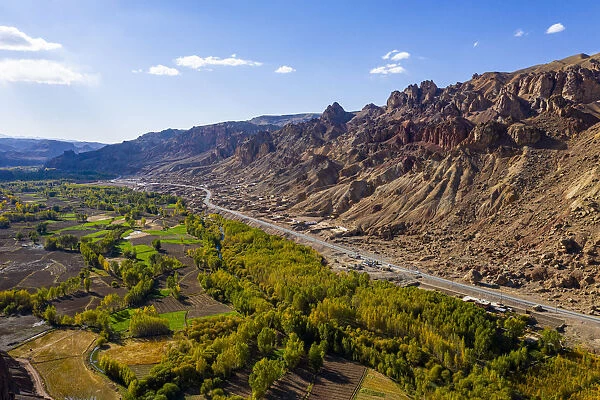 Aerial by drone of Shahr-e Zuhak. the red city, Bamyan, Afghanistan, Asia