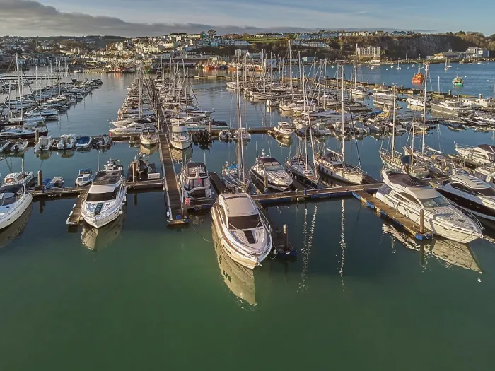 Framed Print : An aerial drone view of boats moored in the marina at Brixham, in Torbay, Devon, Great Britain Framed Print : An aerial drone view of boats moored in the marina at Brixham, in Torbay, Devon, Great Britain