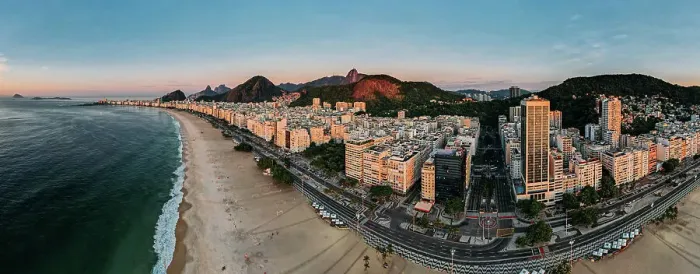 Framed Print : Aerial drone view of Copacabana Beach and urban setting at sunrise, UNESCO World Heritage Site, Rio de Janeiro, Brazil, South America Framed Print : Aerial drone view of Copacabana Beach and urban setting at sunrise, UNESCO World Heritage Site, Rio de Janeiro, Brazil, South America