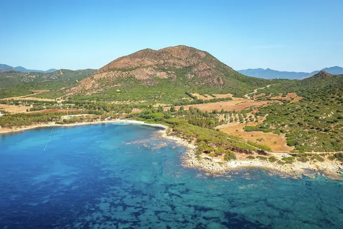Framed Print : Aerial drone view of Ferrato Cape beach landscape, Sardinia, Italy, Mediterranean, Europe Framed Print : Aerial drone view of Ferrato Cape beach landscape, Sardinia, Italy, Mediterranean, Europe