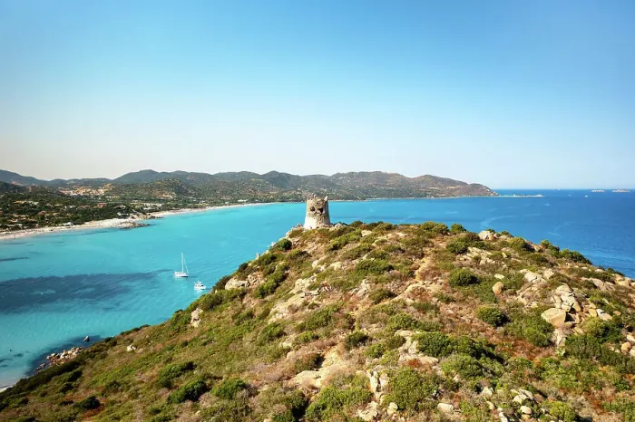 Framed Print : Aerial drone view of historic tower with Porto Giunco beach with white sand and turquoise water, Sardinia, Italy, Mediterranean, Europe Framed Print : Aerial drone view of historic tower with Porto Giunco beach with white sand and turquoise water, Sardinia, Italy, Mediterranean, Europe
